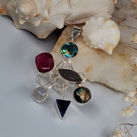 Natural Abalone Labradorite Ruby Moonstone 925 Silver - Picture 3 of 7